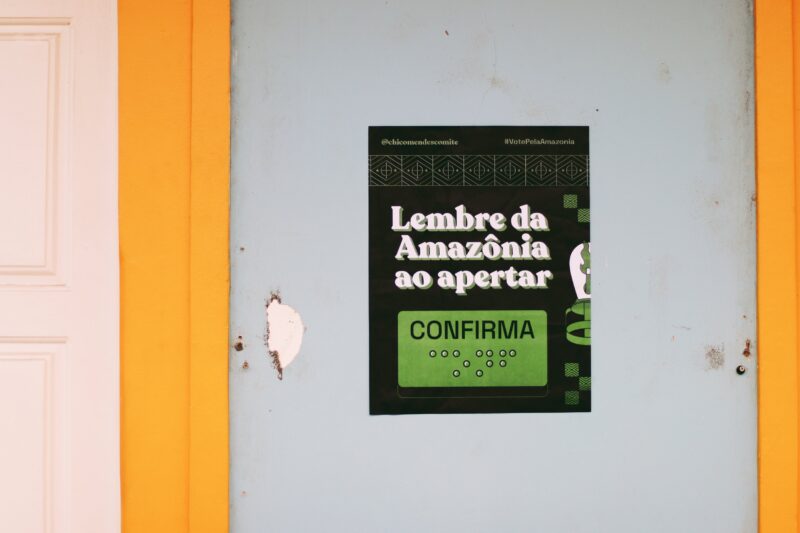 Cartaz pedindo para que lembremos da Amazônia ao votar. Foto: Hannah Lydia
