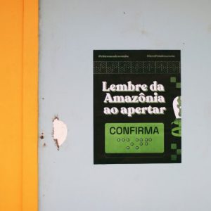 Cartaz pedindo para que lembremos da Amazônia ao votar. Foto: Hannah Lydia